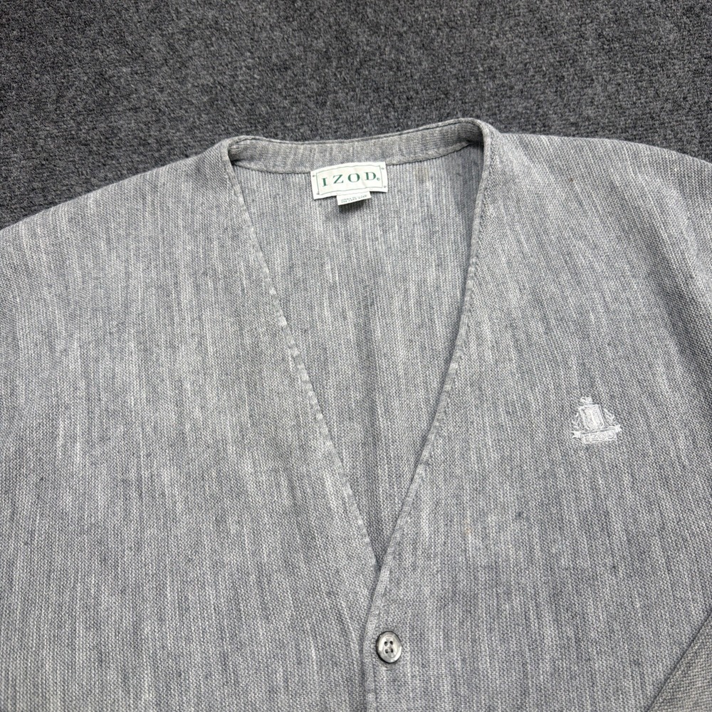 VTG IZOD 70s/80s Knit Sweater Grandpa Gray Cardigan Crest Men's Large L Made USA